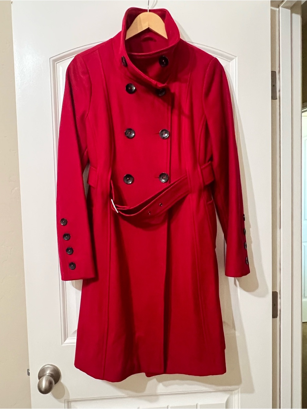 Black Rivet Red Double-Breasted Pea Coat with Belt